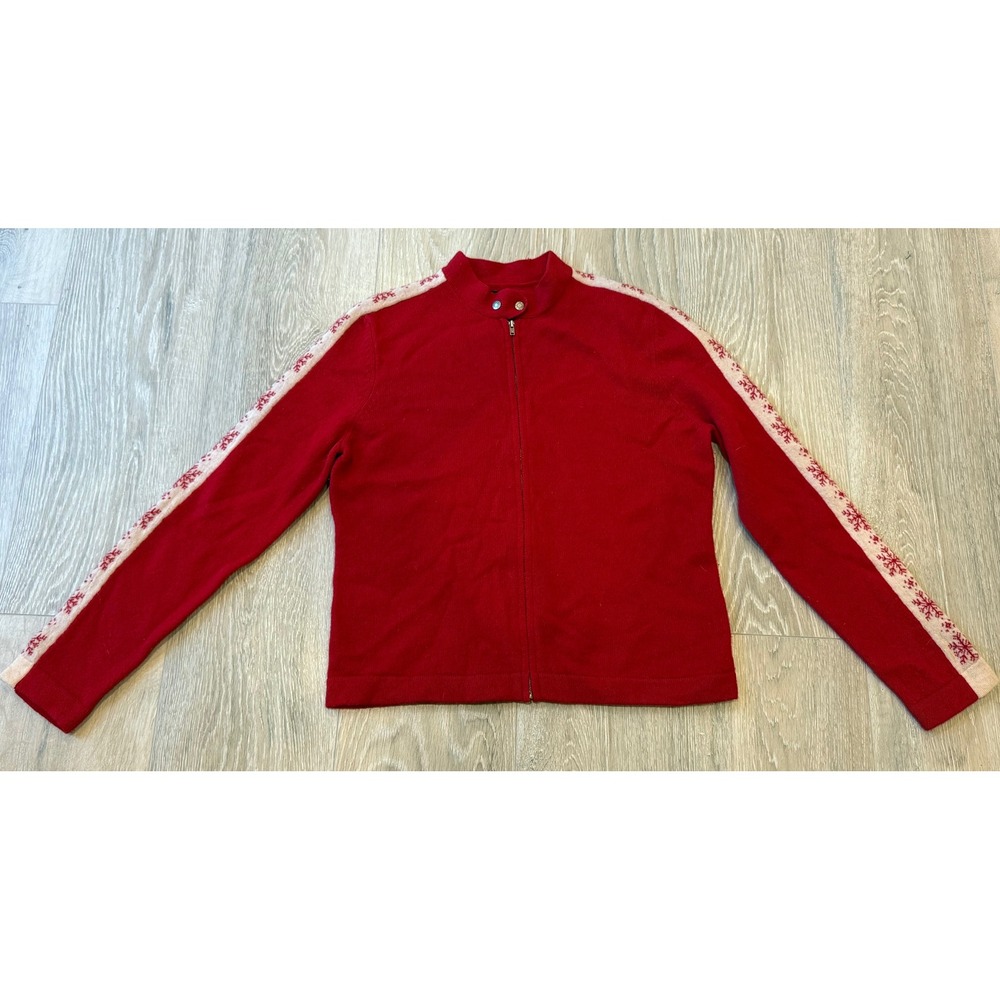 Ralph Lauren Red Lambswool Snowflake Stripe Zip Up Cardigan Sweater Womens L